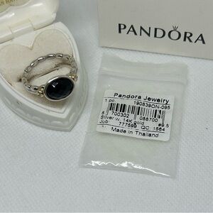 Pandora Sterling Silver & 14k Ring with onyx stone and surrounding Diamonds